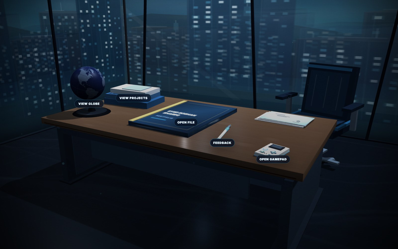 Inside the actual 3D portfolio: interactive desk, globe, books, portfolio file, pen and gamepad