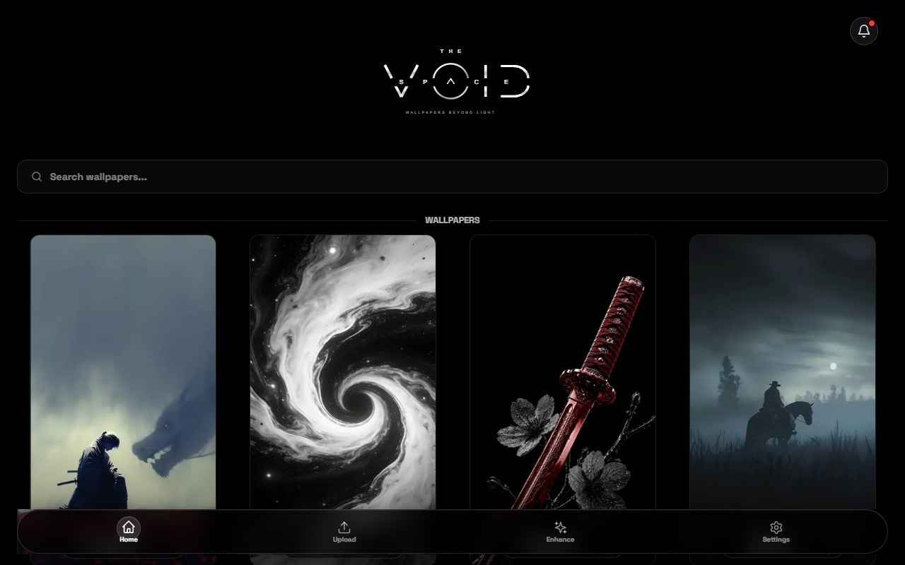 Wide composition of The Void Space’s actual interface and wallpaper gallery